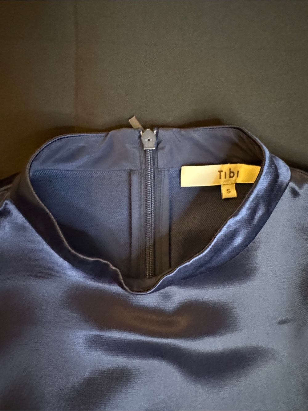 Tibi Satin Mock-Neck Top in Navy Blue